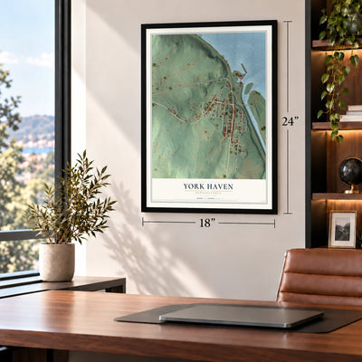 York Haven, Pennsylvania map, 18 x 24 inch print in a black frame in a home office