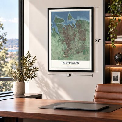 Huntington, New York map, 18 x 24 inch print in a black frame in a home office