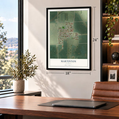 Martinton, Illinois map, 18 x 24 inch print in a black frame in a home office