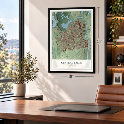 Central Falls, Rhode Island map, 18 x 24 inch print in a black frame in a home office