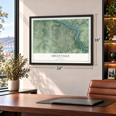Great Falls, Virginia map, 18 x 24 inch print in a black frame in a home office