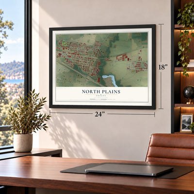 North Plains, Oregon map, 18 x 24 inch print in a black frame in a home office