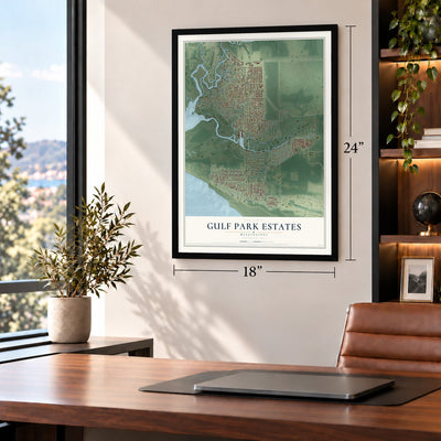 Gulf Park Estates, Mississippi map, 18 x 24 inch print in a black frame in a home office