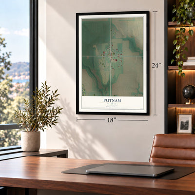 Putnam, Oklahoma map, 18 x 24 inch print in a black frame in a home office