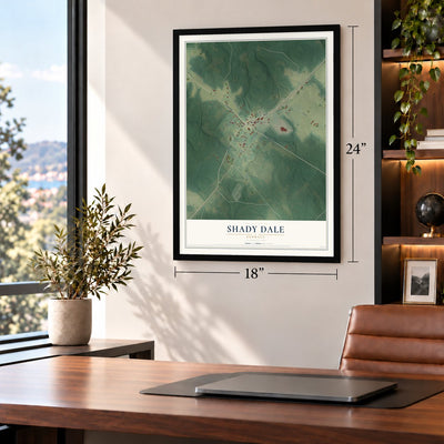 Shady Dale, Georgia map, 18 x 24 inch print in a black frame in a home office
