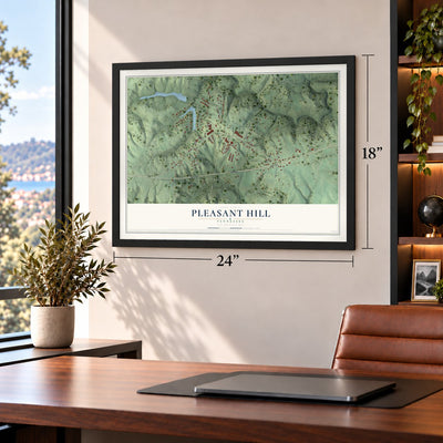 Pleasant Hill, Tennessee map, 18 x 24 inch print in a black frame in a home office
