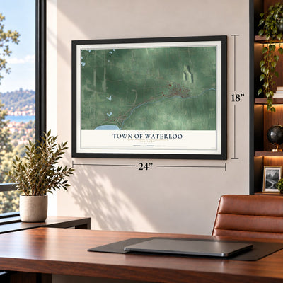 Town of Waterloo, New York map, 18 x 24 inch print in a black frame in a home office