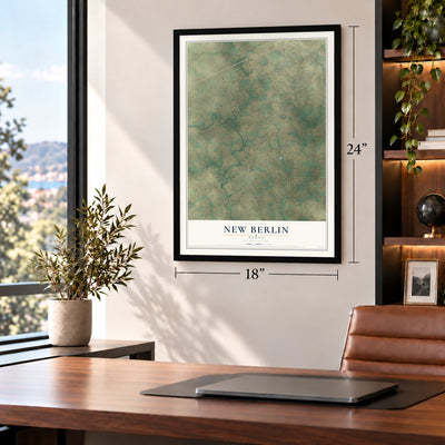 New Berlin, Texas map, 18 x 24 inch print in a black frame in a home office