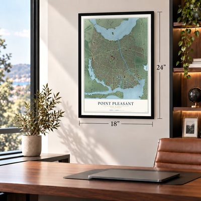 Point Pleasant, New Jersey map, 18 x 24 inch print in a black frame in a home office