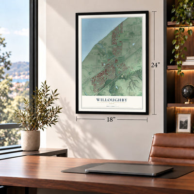 Willoughby, Ohio map, 18 x 24 inch print in a black frame in a home office