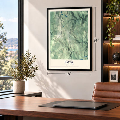 Savoy, Massachusetts map, 18 x 24 inch print in a black frame in a home office