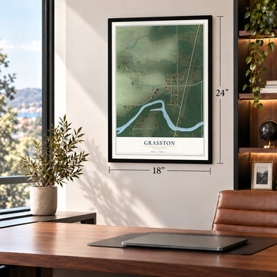 Grasston, Minnesota map, 18 x 24 inch print in a black frame in a home office