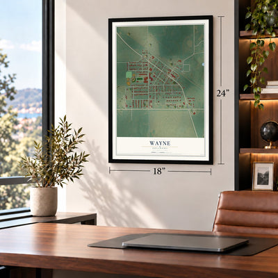 Wayne, Oklahoma map, 18 x 24 inch print in a black frame in a home office