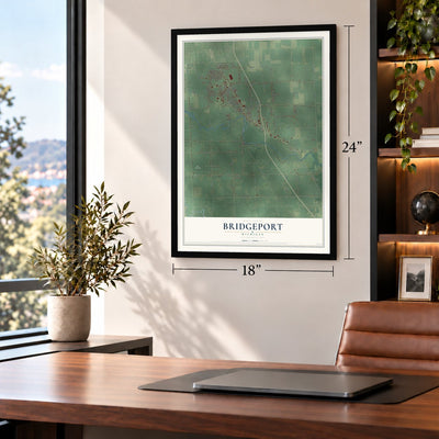 Bridgeport, Michigan map, 18 x 24 inch print in a black frame in a home office