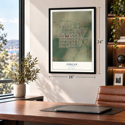 Forgan, Oklahoma map, 18 x 24 inch print in a black frame in a home office