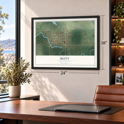 Mott, North Dakota map, 18 x 24 inch print in a black frame in a home office