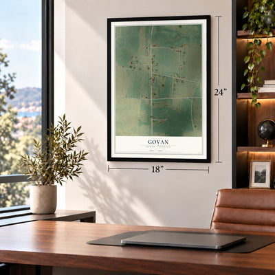 Govan, South Carolina map, 18 x 24 inch print in a black frame in a home office