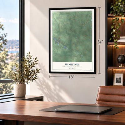 Hamilton, Clare County, Michigan map, 18 x 24 inch print in a black frame in a home office