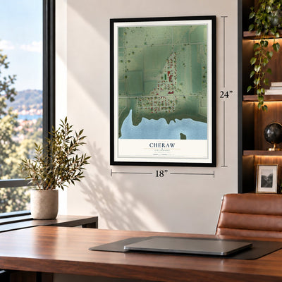 Cheraw, Colorado map, 18 x 24 inch print in a black frame in a home office