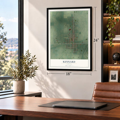 Kennard, Indiana map, 18 x 24 inch print in a black frame in a home office