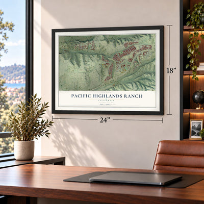 Pacific Highlands Ranch, California map, 18 x 24 inch print in a black frame in a home office