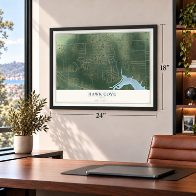 Hawk Cove, Texas map, 18 x 24 inch print in a black frame in a home office