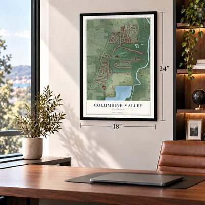 Columbine Valley, Colorado map, 18 x 24 inch print in a black frame in a home office