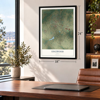 Edgewood, Texas map, 18 x 24 inch print in a black frame in a home office