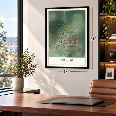 Raymond, Minnesota map, 18 x 24 inch print in a black frame in a home office