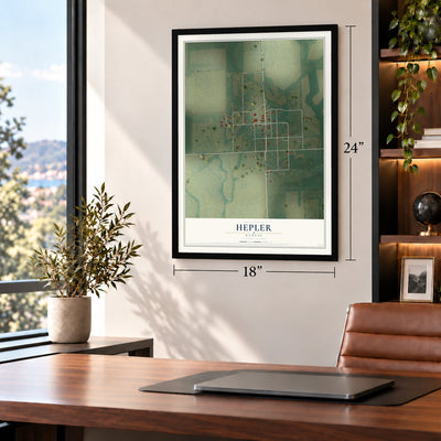 Hepler, Kansas map, 18 x 24 inch print in a black frame in a home office