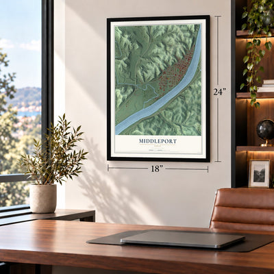 Middleport, Ohio map, 18 x 24 inch print in a black frame in a home office