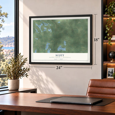 Scott, Monroe County, Wisconsin map, 18 x 24 inch print in a black frame in a home office
