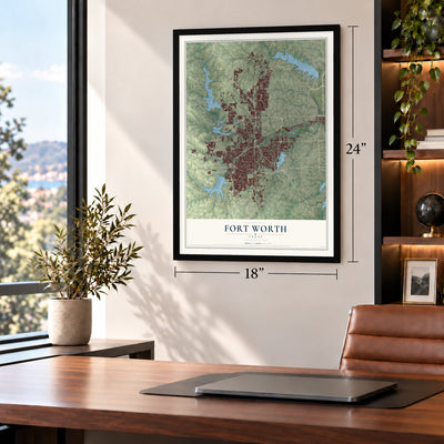 Fort Worth, Texas map, 18 x 24 inch print in a black frame in a home office