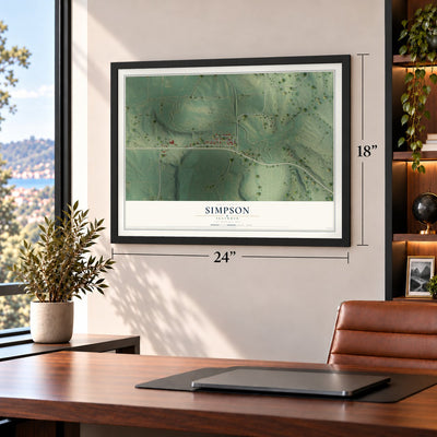 Simpson, Illinois map, 18 x 24 inch print in a black frame in a home office