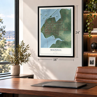 Magnolia, Ohio map, 18 x 24 inch print in a black frame in a home office