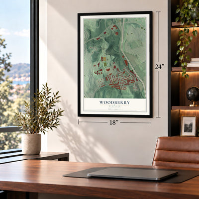 Woodberry, Maryland map, 18 x 24 inch print in a black frame in a home office