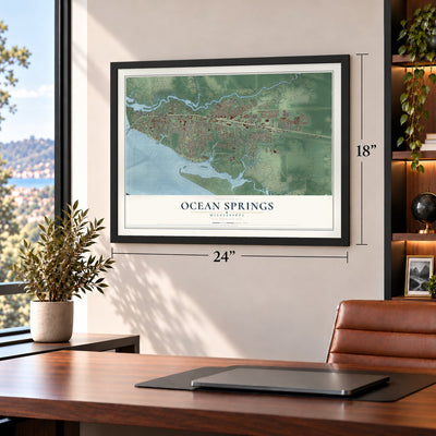 Ocean Springs, Mississippi map, 18 x 24 inch print in a black frame in a home office