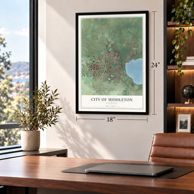 Middleton, Wisconsin map, 18 x 24 inch print in a black frame in a home office