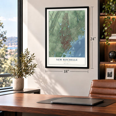 New Rochelle, New York map, 18 x 24 inch print in a black frame in a home office