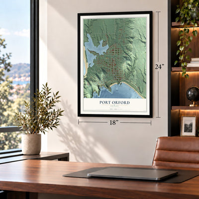 Port Orford, Oregon map, 18 x 24 inch print in a black frame in a home office