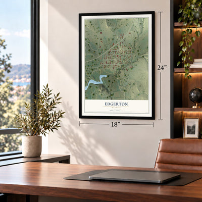 Edgerton, Wyoming map, 18 x 24 inch print in a black frame in a home office