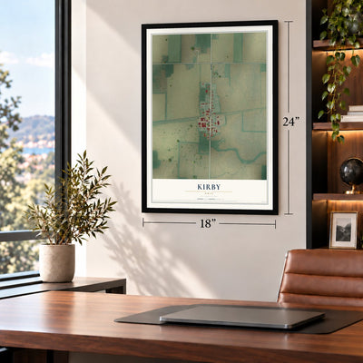 Kirby, Ohio map, 18 x 24 inch print in a black frame in a home office