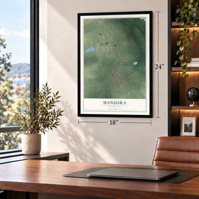 Mansura, Louisiana map, 18 x 24 inch print in a black frame in a home office