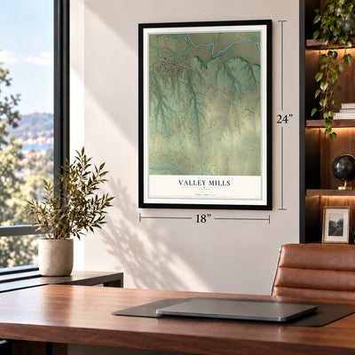 Valley Mills, Texas map, 18 x 24 inch print in a black frame in a home office