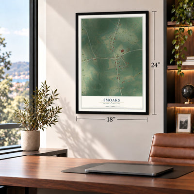 Smoaks, South Carolina map, 18 x 24 inch print in a black frame in a home office