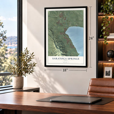 Saratoga Springs, Utah map, 18 x 24 inch print in a black frame in a home office