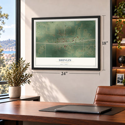 Shevlin, Minnesota map, 18 x 24 inch print in a black frame in a home office