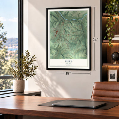 Hurt, Virginia map, 18 x 24 inch print in a black frame in a home office