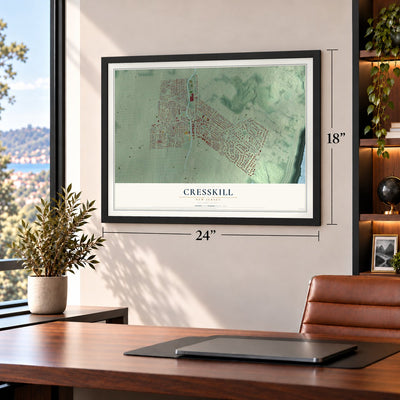 Cresskill, New Jersey map, 18 x 24 inch print in a black frame in a home office