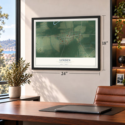 Linden, North Carolina map, 18 x 24 inch print in a black frame in a home office